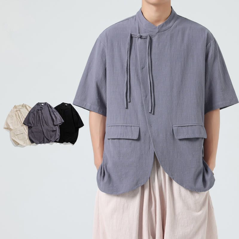 Buddha Stonesヴィンテージ 無地 不規則な裾デザイン スタンドカラー メンズ 半袖 コットンシャツ カーディガン ポケット付き - ライトスレートグレー - US/UK/AU46、 EU56 (5XL) - image 18