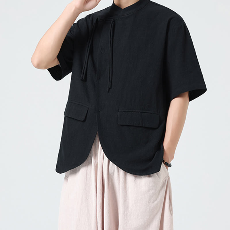 Buddha Stonesヴィンテージ 無地 不規則な裾デザイン スタンドカラー メンズ 半袖 コットンシャツ カーディガン ポケット付き - image 15