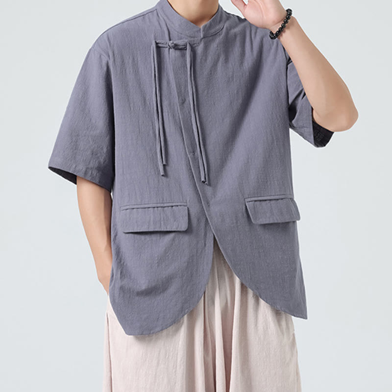 Buddha Stonesヴィンテージ 無地 不規則な裾デザイン スタンドカラー メンズ 半袖 コットンシャツ カーディガン ポケット付き - image 26