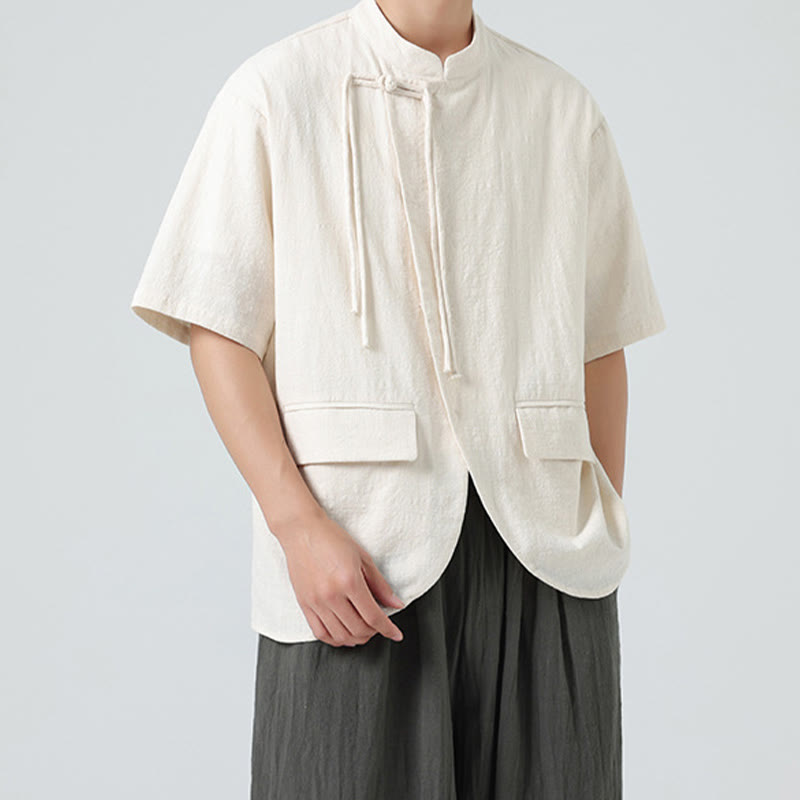 Buddha Stonesヴィンテージ 無地 不規則な裾デザイン スタンドカラー メンズ 半袖 コットンシャツ カーディガン ポケット付き - image 5