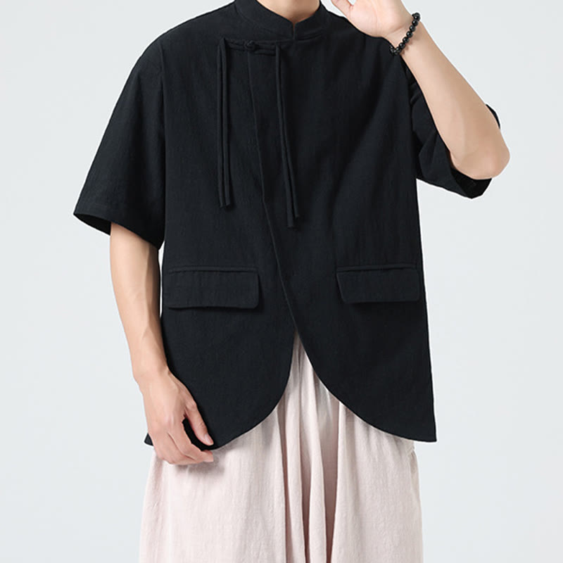 Buddha Stonesヴィンテージ 無地 不規則な裾デザイン スタンドカラー メンズ 半袖 コットンシャツ カーディガン ポケット付き - image 17