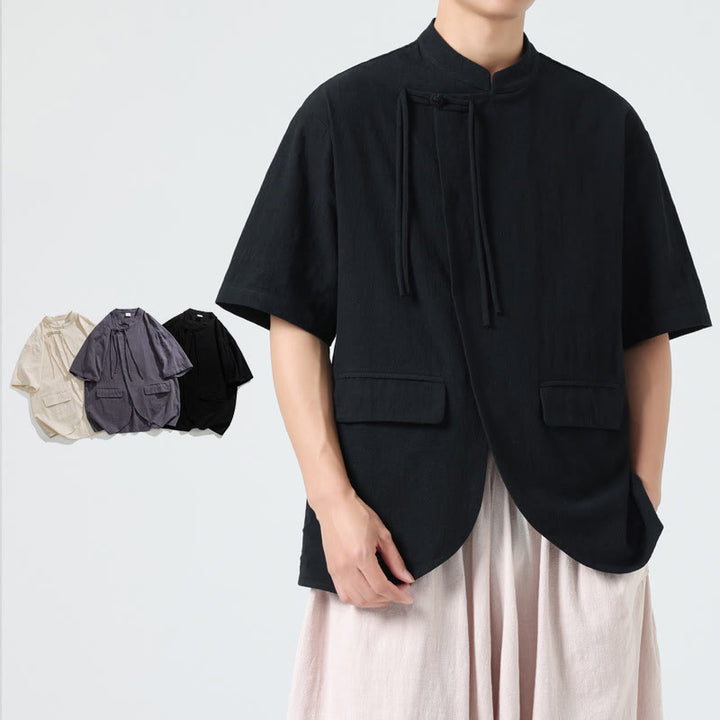 Buddha Stonesヴィンテージ 無地 不規則な裾デザイン スタンドカラー メンズ 半袖 コットンシャツ カーディガン ポケット付き - 黒 - US/UK/AU46、 EU56 (5XL) - image 9