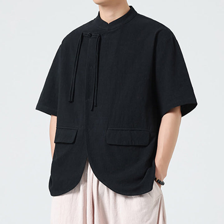 Buddha Stonesヴィンテージ 無地 不規則な裾デザイン スタンドカラー メンズ 半袖 コットンシャツ カーディガン ポケット付き - image 11