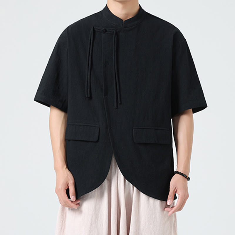 Buddha Stonesヴィンテージ 無地 不規則な裾デザイン スタンドカラー メンズ 半袖 コットンシャツ カーディガン ポケット付き - image 16