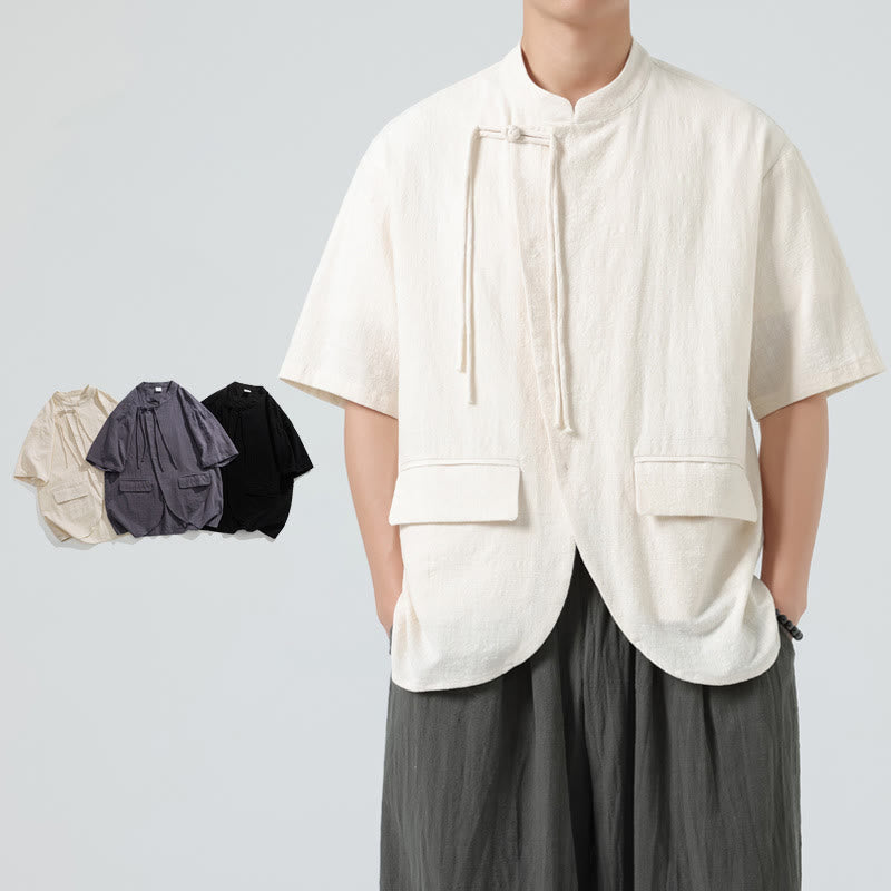 Buddha Stonesヴィンテージ 無地 不規則な裾デザイン スタンドカラー メンズ 半袖 コットンシャツ カーディガン ポケット付き - image 6