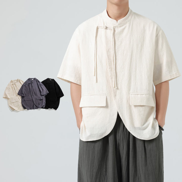 Buddha Stonesヴィンテージ 無地 不規則な裾デザイン スタンドカラー メンズ 半袖 コットンシャツ カーディガン ポケット付き - image 6