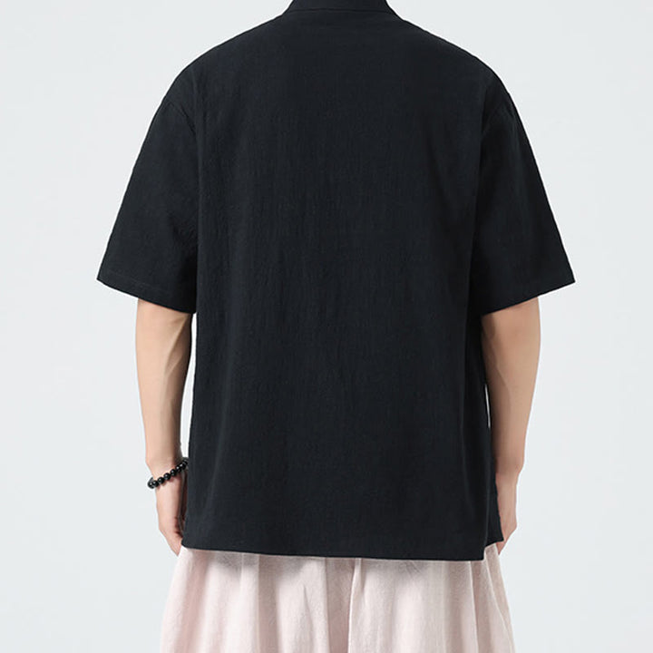 Buddha Stonesヴィンテージ 無地 不規則な裾デザイン スタンドカラー メンズ 半袖 コットンシャツ カーディガン ポケット付き - image 12