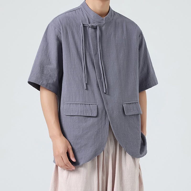 Buddha Stonesヴィンテージ 無地 不規則な裾デザイン スタンドカラー メンズ 半袖 コットンシャツ カーディガン ポケット付き - image 24