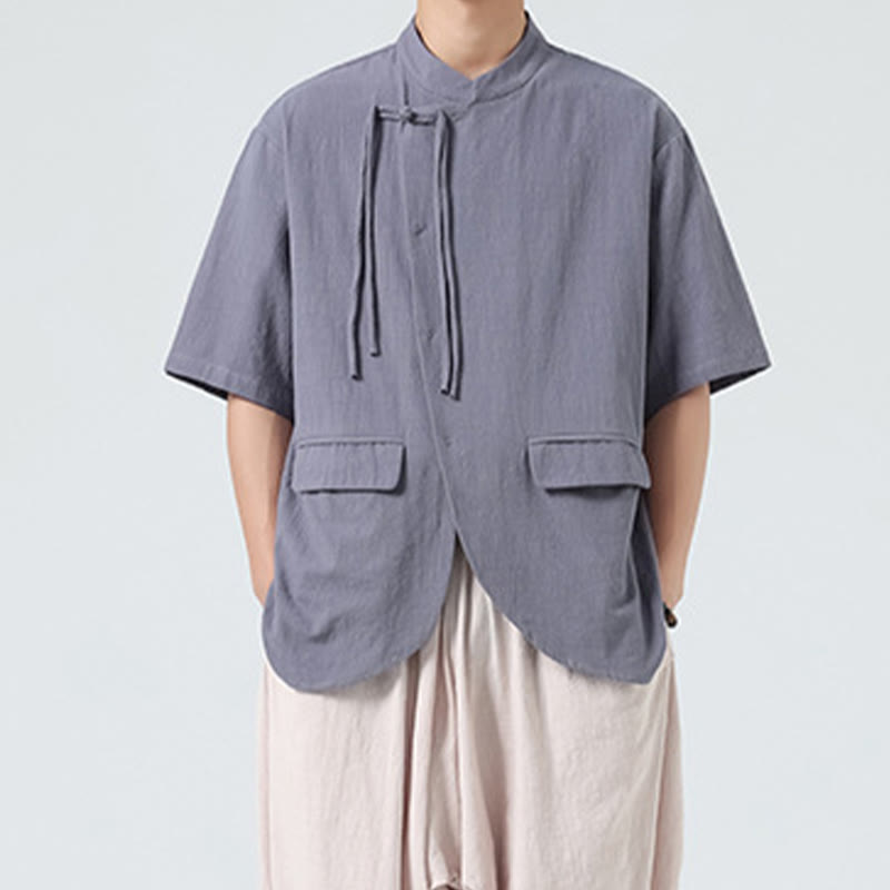 Buddha Stonesヴィンテージ 無地 不規則な裾デザイン スタンドカラー メンズ 半袖 コットンシャツ カーディガン ポケット付き - image 27