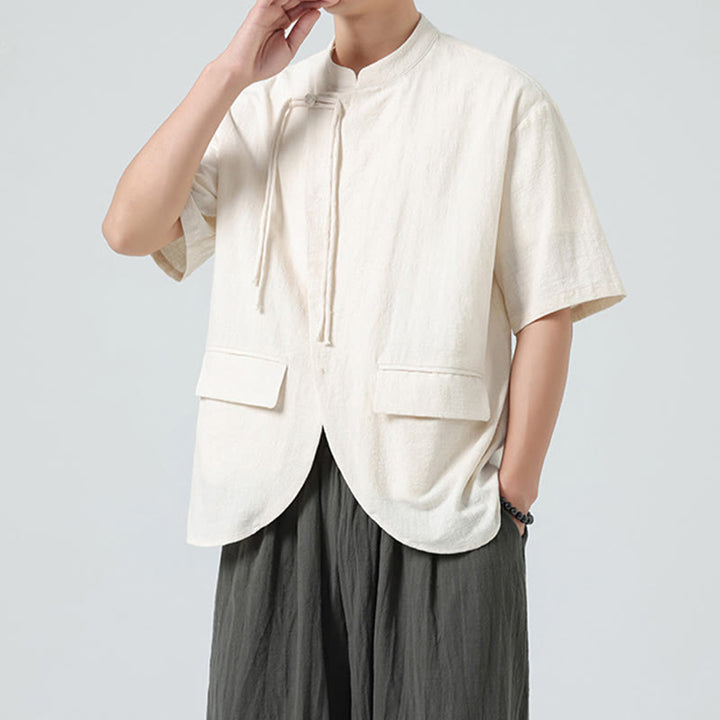Buddha Stonesヴィンテージ 無地 不規則な裾デザイン スタンドカラー メンズ 半袖 コットンシャツ カーディガン ポケット付き - image 1