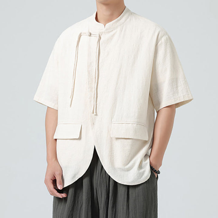 Buddha Stonesヴィンテージ 無地 不規則な裾デザイン スタンドカラー メンズ 半袖 コットンシャツ カーディガン ポケット付き - image 4