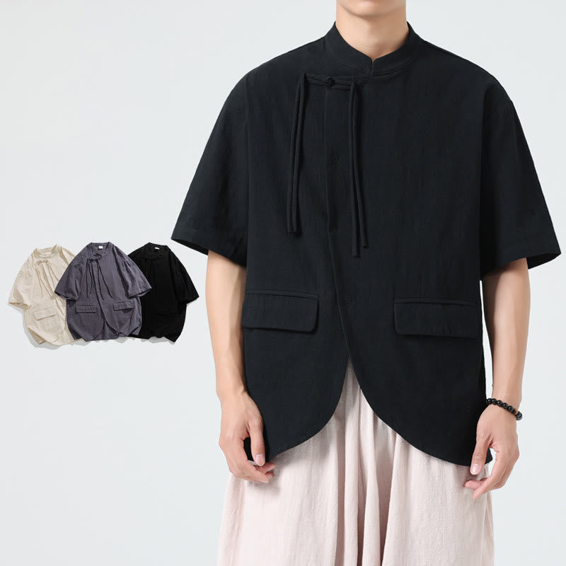 Buddha Stonesヴィンテージ 無地 不規則な裾デザイン スタンドカラー メンズ 半袖 コットンシャツ カーディガン ポケット付き - image 10