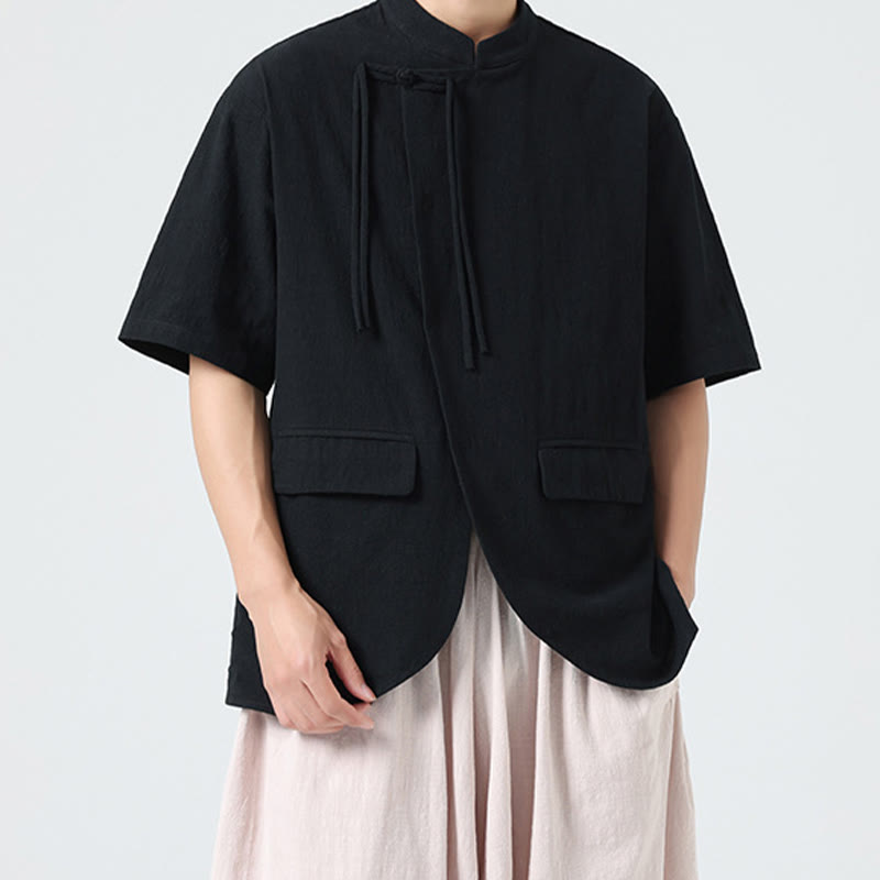 Buddha Stonesヴィンテージ 無地 不規則な裾デザイン スタンドカラー メンズ 半袖 コットンシャツ カーディガン ポケット付き - image 14