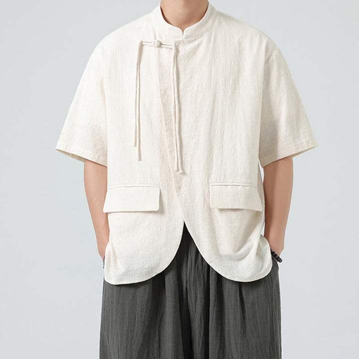 Buddha Stonesヴィンテージ 無地 不規則な裾デザイン スタンドカラー メンズ 半袖 コットンシャツ カーディガン ポケット付き - image 3