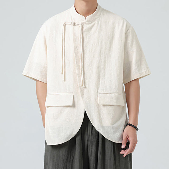 Buddha Stonesヴィンテージ 無地 不規則な裾デザイン スタンドカラー メンズ 半袖 コットンシャツ カーディガン ポケット付き - ベージュ - US/UK/AU46、 EU56 (5XL) - image 0