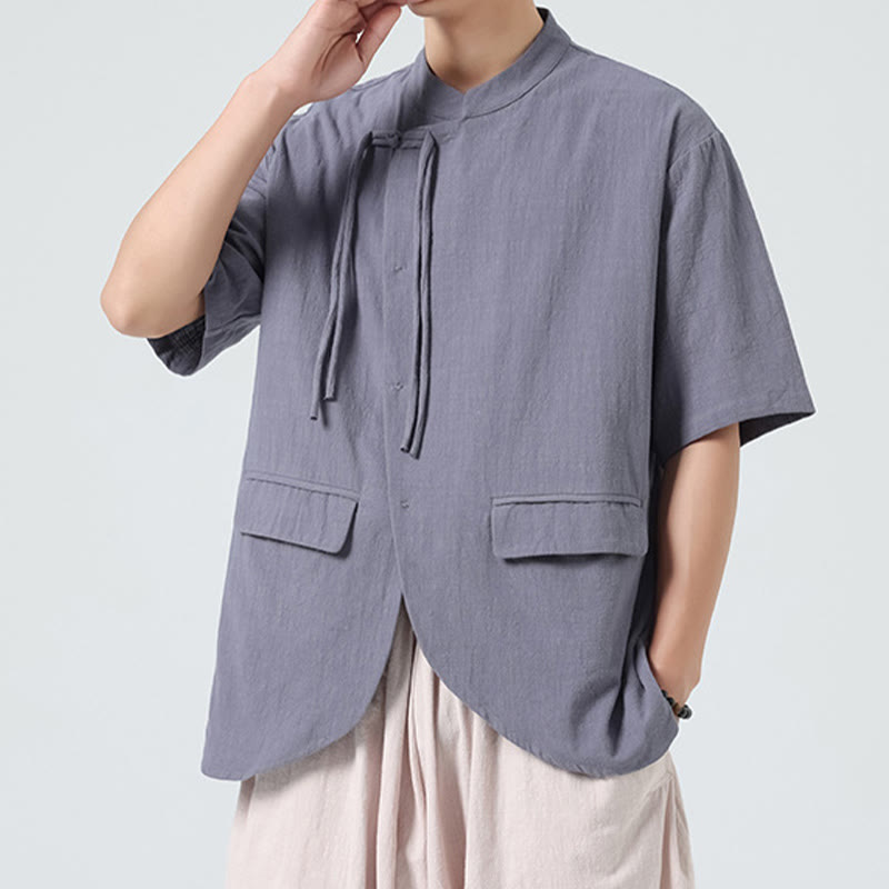 Buddha Stonesヴィンテージ 無地 不規則な裾デザイン スタンドカラー メンズ 半袖 コットンシャツ カーディガン ポケット付き - image 25