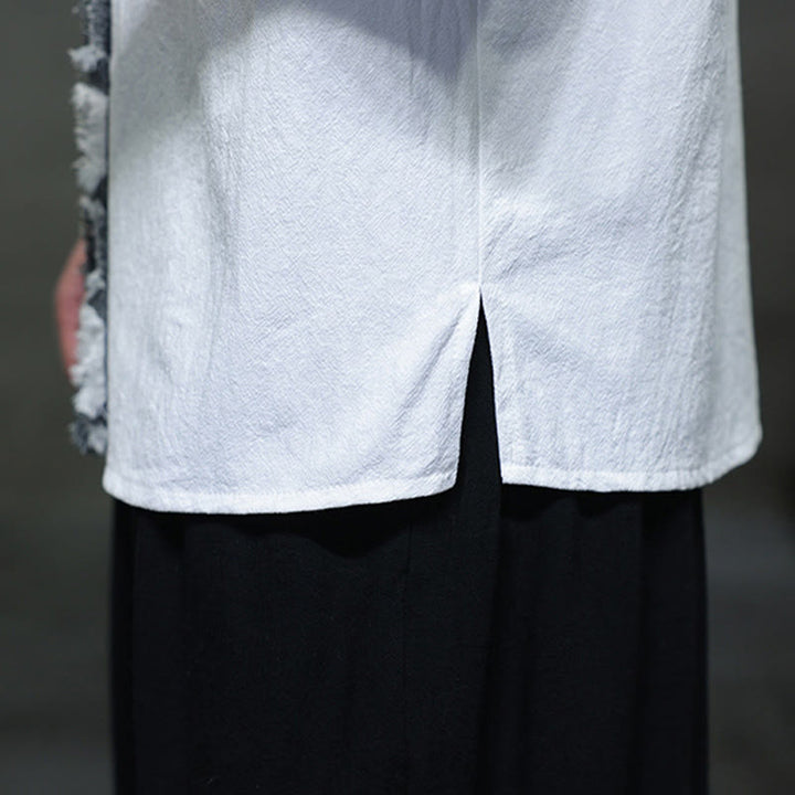 Buddha Stones夏 ヴィンテージカラー コントラスト パッチワークデザイン スタンドカラー メンズ 半袖 コットンシャツ ポケット付き - image 18