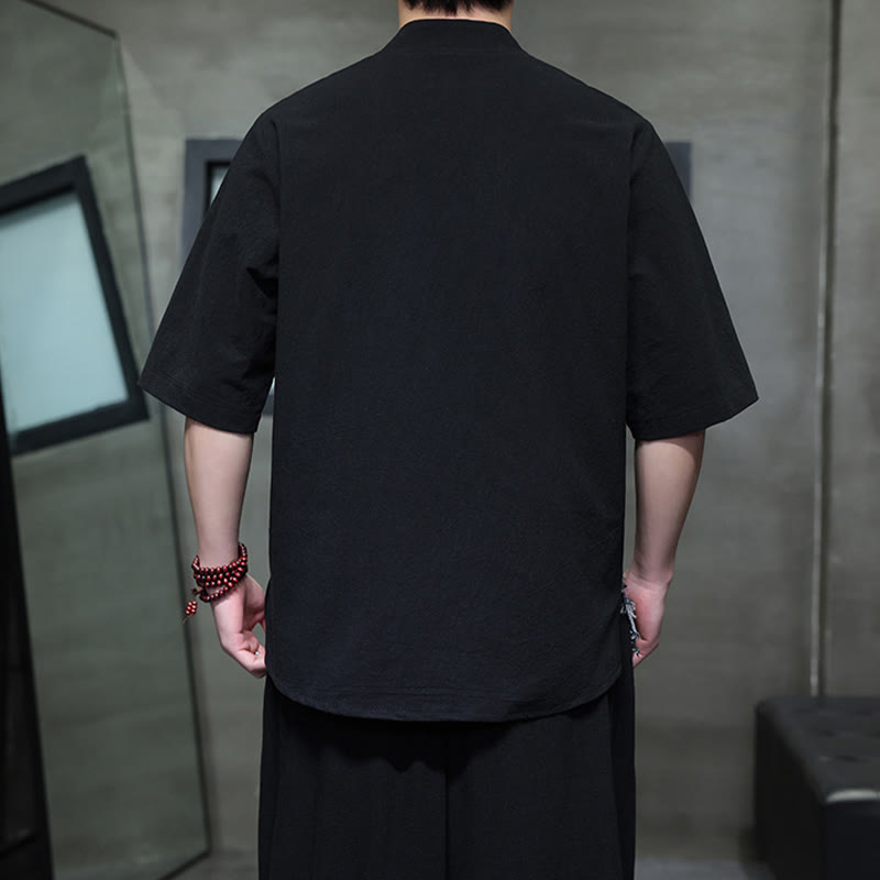 Buddha Stones夏 ヴィンテージカラー コントラスト パッチワークデザイン スタンドカラー メンズ 半袖 コットンシャツ ポケット付き - image 3