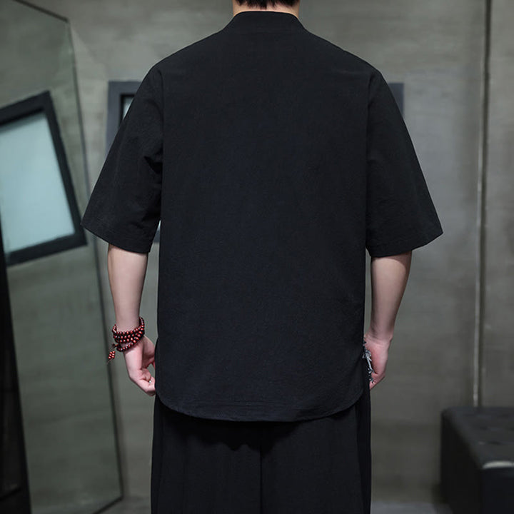 Buddha Stones夏 ヴィンテージカラー コントラスト パッチワークデザイン スタンドカラー メンズ 半袖 コットンシャツ ポケット付き - image 3