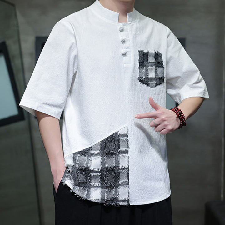 Buddha Stones夏 ヴィンテージカラー コントラスト パッチワークデザイン スタンドカラー メンズ 半袖 コットンシャツ ポケット付き - image 15