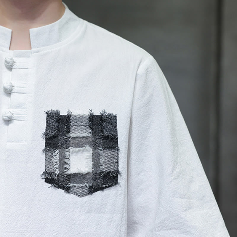 Buddha Stones夏 ヴィンテージカラー コントラスト パッチワークデザイン スタンドカラー メンズ 半袖 コットンシャツ ポケット付き - image 17