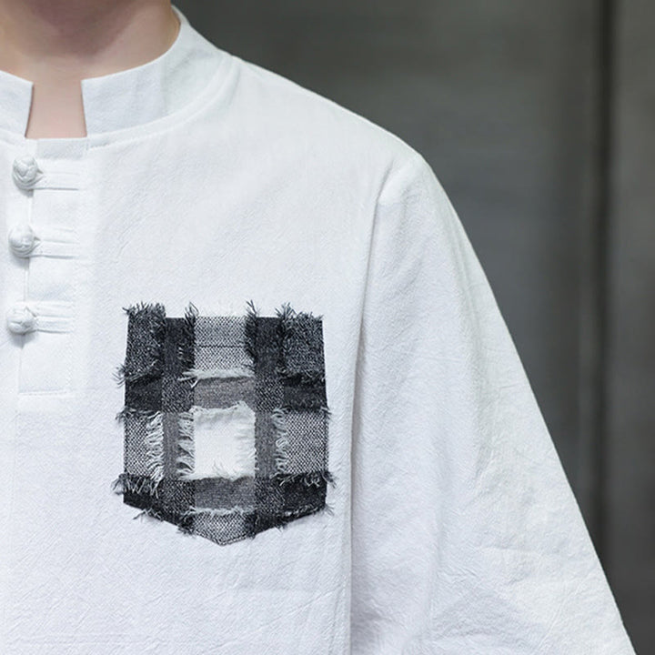 Buddha Stones夏 ヴィンテージカラー コントラスト パッチワークデザイン スタンドカラー メンズ 半袖 コットンシャツ ポケット付き - image 17