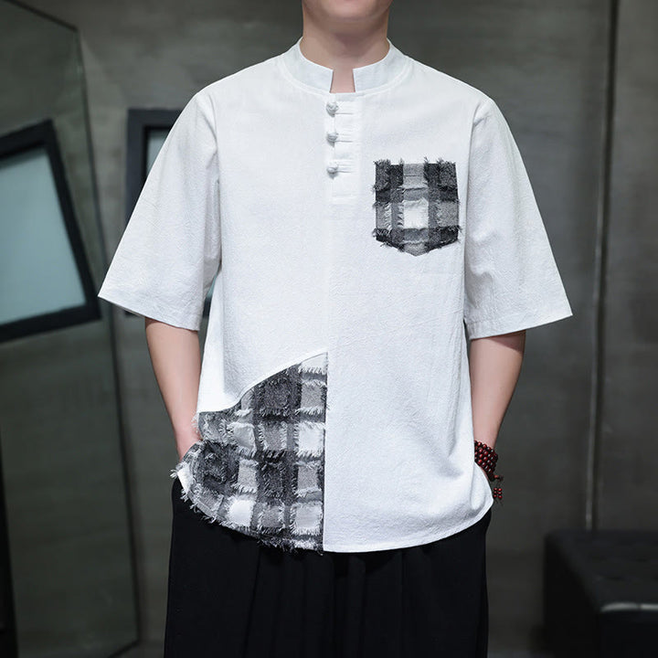 Buddha Stones夏 ヴィンテージカラー コントラスト パッチワークデザイン スタンドカラー メンズ 半袖 コットンシャツ ポケット付き - image 9