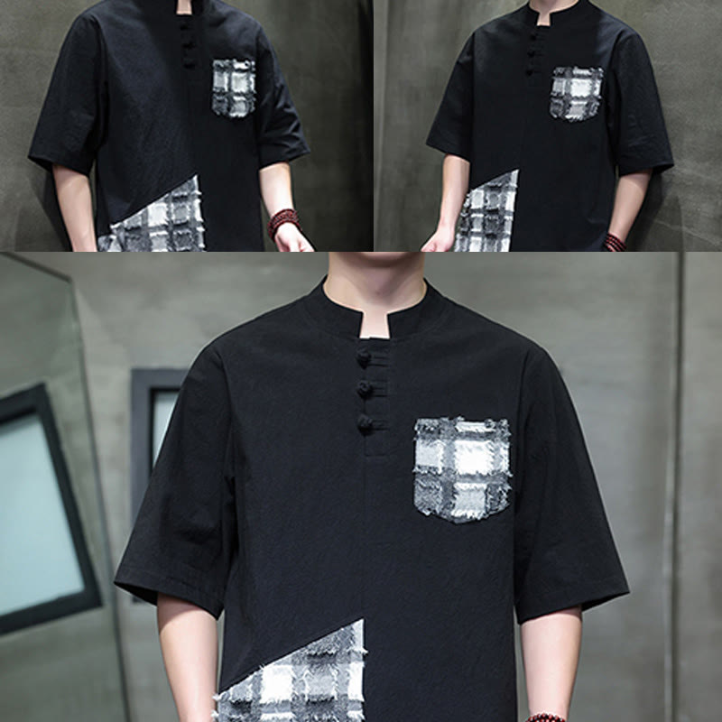 Buddha Stones夏 ヴィンテージカラー コントラスト パッチワークデザイン スタンドカラー メンズ 半袖 コットンシャツ ポケット付き - image 7