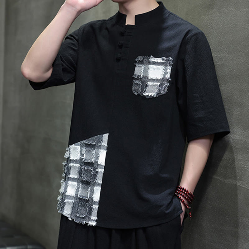 Buddha Stones夏 ヴィンテージカラー コントラスト パッチワークデザイン スタンドカラー メンズ 半袖 コットンシャツ ポケット付き - image 5