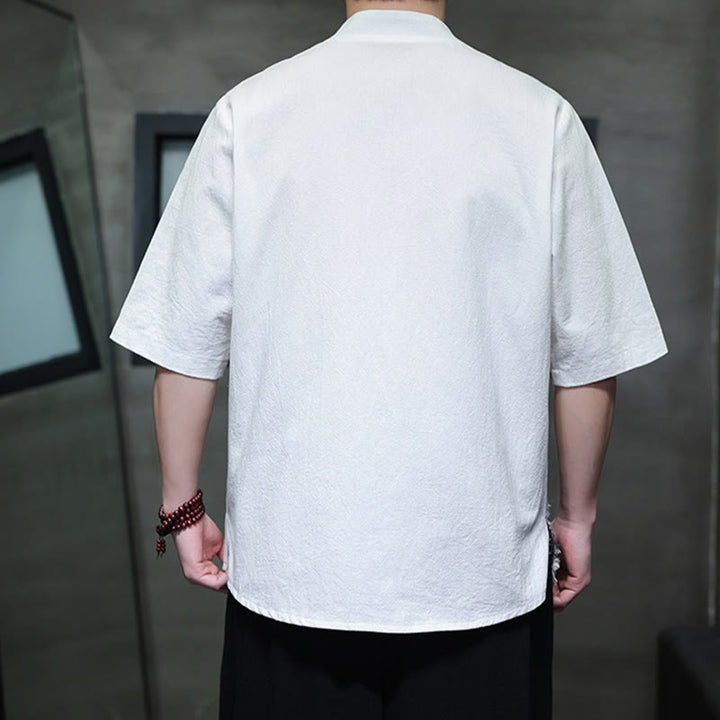 Buddha Stones夏 ヴィンテージカラー コントラスト パッチワークデザイン スタンドカラー メンズ 半袖 コットンシャツ ポケット付き - image 13