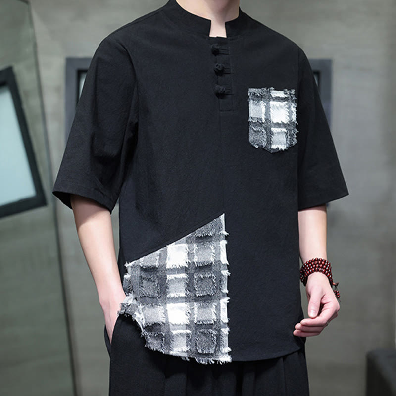 Buddha Stones夏 ヴィンテージカラー コントラスト パッチワークデザイン スタンドカラー メンズ 半袖 コットンシャツ ポケット付き - image 6