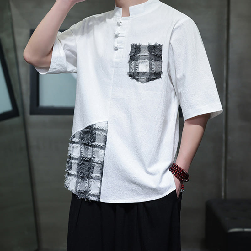 Buddha Stones夏 ヴィンテージカラー コントラスト パッチワークデザイン スタンドカラー メンズ 半袖 コットンシャツ ポケット付き - image 11