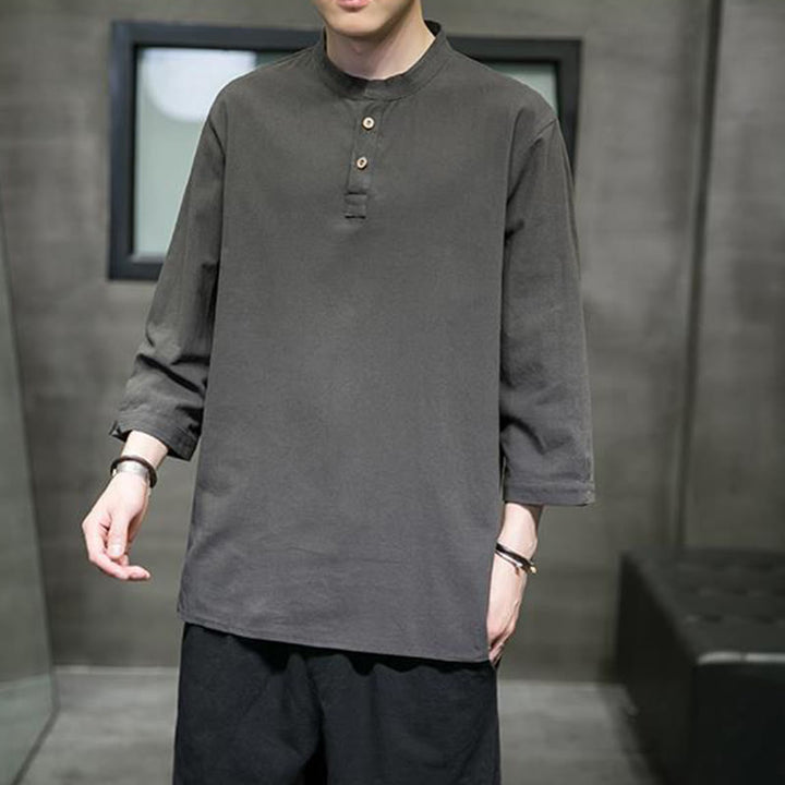 Buddha Stonesヴィンテージ カジュアル ピュアカラー スタンドカラー メンズ 七分袖 コットンリネンシャツ - image 14