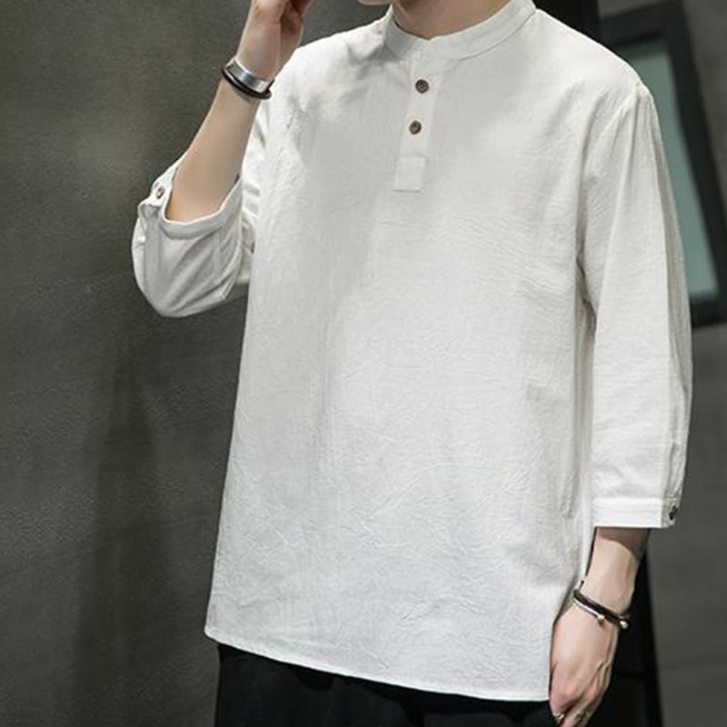 Buddha Stonesヴィンテージ カジュアル ピュアカラー スタンドカラー メンズ 七分袖 コットンリネンシャツ - image 4