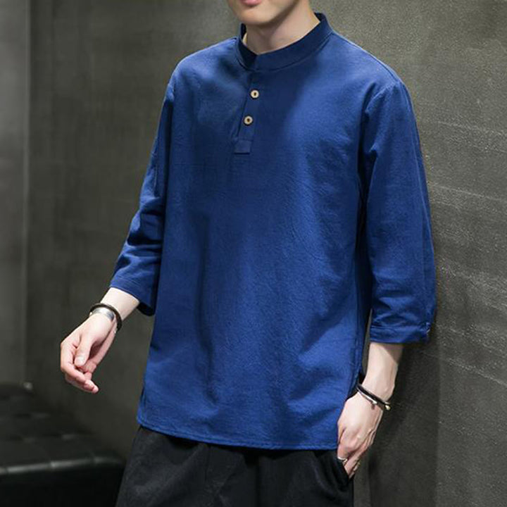 Buddha Stonesヴィンテージ カジュアル ピュアカラー スタンドカラー メンズ 七分袖 コットンリネンシャツ - image 27