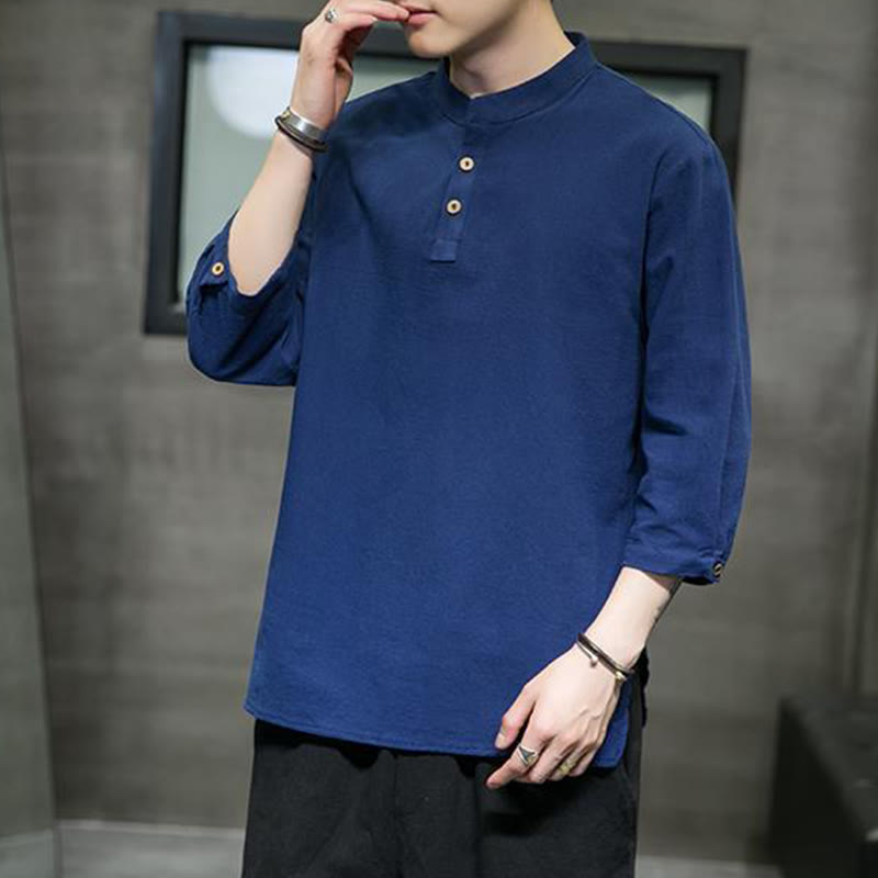 Buddha Stonesヴィンテージ カジュアル ピュアカラー スタンドカラー メンズ 七分袖 コットンリネンシャツ - image 22