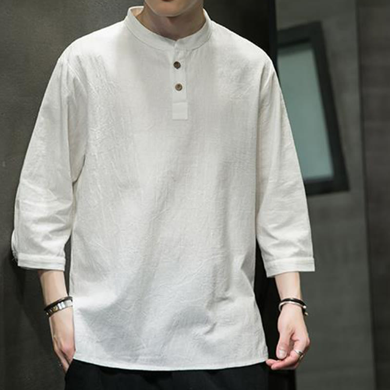 Buddha Stonesヴィンテージ カジュアル ピュアカラー スタンドカラー メンズ 七分袖 コットンリネンシャツ - image 6