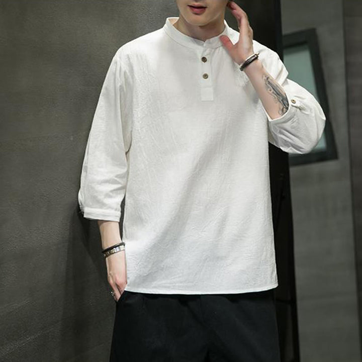 Buddha Stonesヴィンテージ カジュアル ピュアカラー スタンドカラー メンズ 七分袖 コットンリネンシャツ - image 8