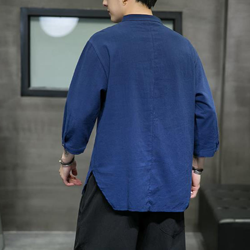 Buddha Stonesヴィンテージ カジュアル ピュアカラー スタンドカラー メンズ 七分袖 コットンリネンシャツ - image 21