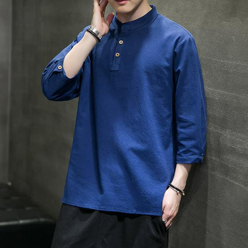 Buddha Stonesヴィンテージ カジュアル ピュアカラー スタンドカラー メンズ 七分袖 コットンリネンシャツ - image 23