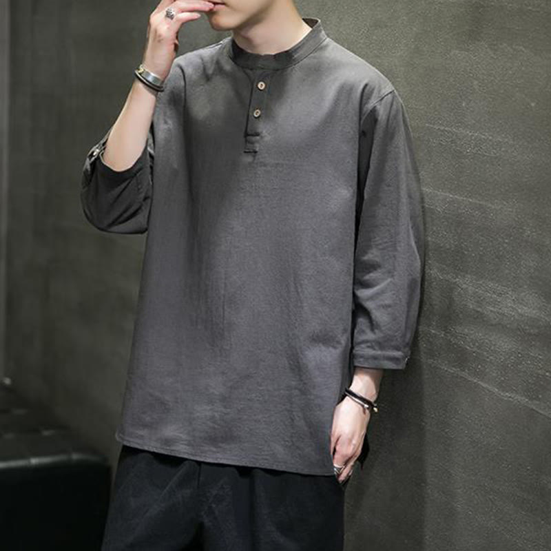 Buddha Stonesヴィンテージ カジュアル ピュアカラー スタンドカラー メンズ 七分袖 コットンリネンシャツ - ディムグレー - US/UK/AU46、 EU56 (5XL) - image 11