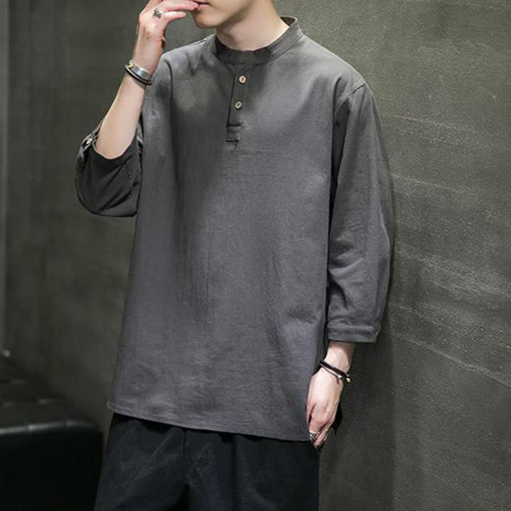 Buddha Stonesヴィンテージ カジュアル ピュアカラー スタンドカラー メンズ 七分袖 コットンリネンシャツ - ディムグレー - US/UK/AU46、 EU56 (5XL) - image 11