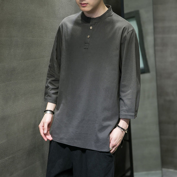 Buddha Stonesヴィンテージ カジュアル ピュアカラー スタンドカラー メンズ 七分袖 コットンリネンシャツ - image 15