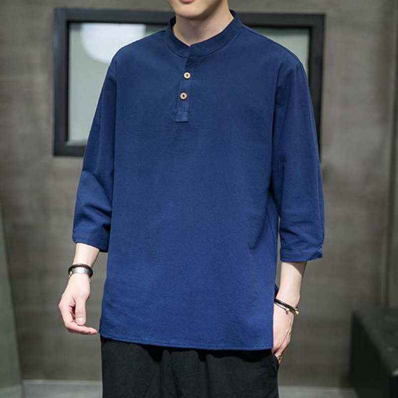 Buddha Stonesヴィンテージ カジュアル ピュアカラー スタンドカラー メンズ 七分袖 コットンリネンシャツ - image 20