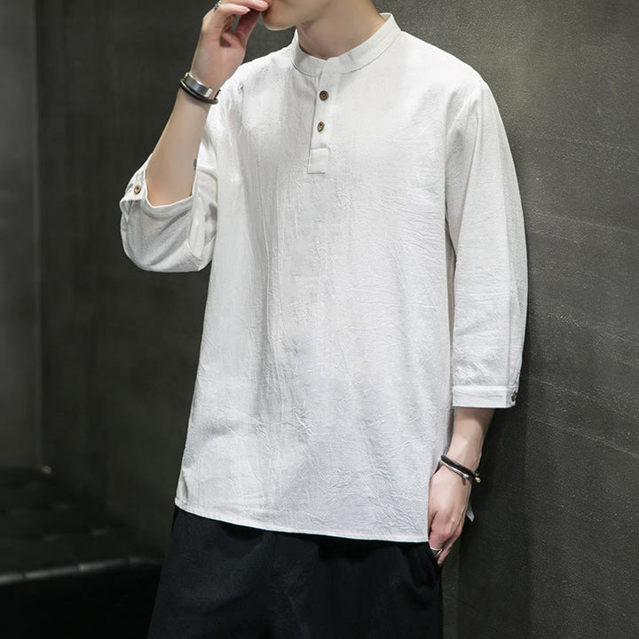 Buddha Stonesヴィンテージ カジュアル ピュアカラー スタンドカラー メンズ 七分袖 コットンリネンシャツ - image 7