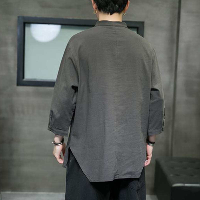 Buddha Stonesヴィンテージ カジュアル ピュアカラー スタンドカラー メンズ 七分袖 コットンリネンシャツ - image 16