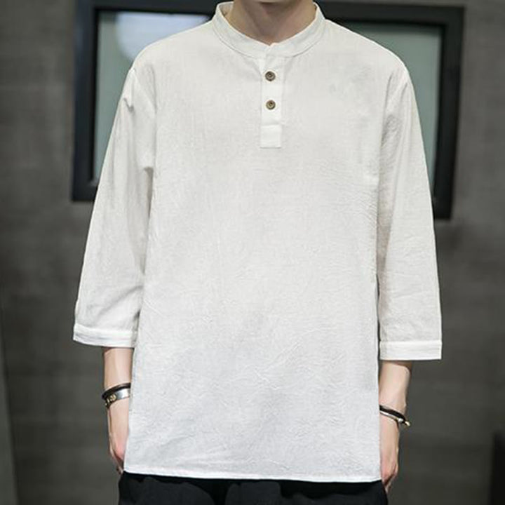 Buddha Stonesヴィンテージ カジュアル ピュアカラー スタンドカラー メンズ 七分袖 コットンリネンシャツ - image 1