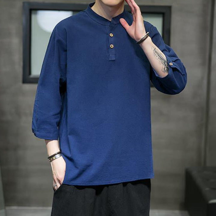 Buddha Stonesヴィンテージ カジュアル ピュアカラー スタンドカラー メンズ 七分袖 コットンリネンシャツ - image 26