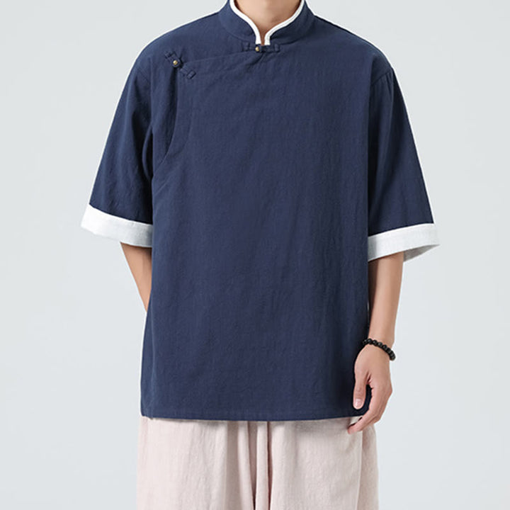 Buddha Stonesヴィンテージ 春カラーマッチングカラー 斜め前立てデザイン メンズ 半袖 コットンリネンシャツ - image 2