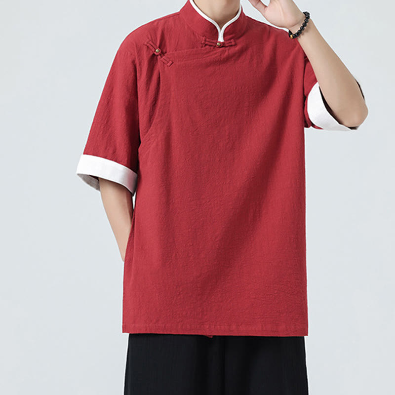 Buddha Stonesヴィンテージ 春カラーマッチングカラー 斜め前立てデザイン メンズ 半袖 コットンリネンシャツ - image 26